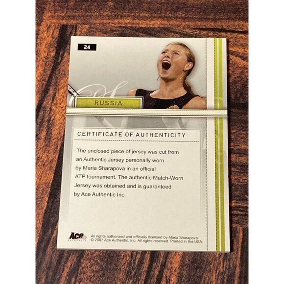 MARIA SHARAPOVA 2007 #24 Ace Authentic MATCH-WORN JERSEY SWATCH Tennis Card - Picture 2 of 2